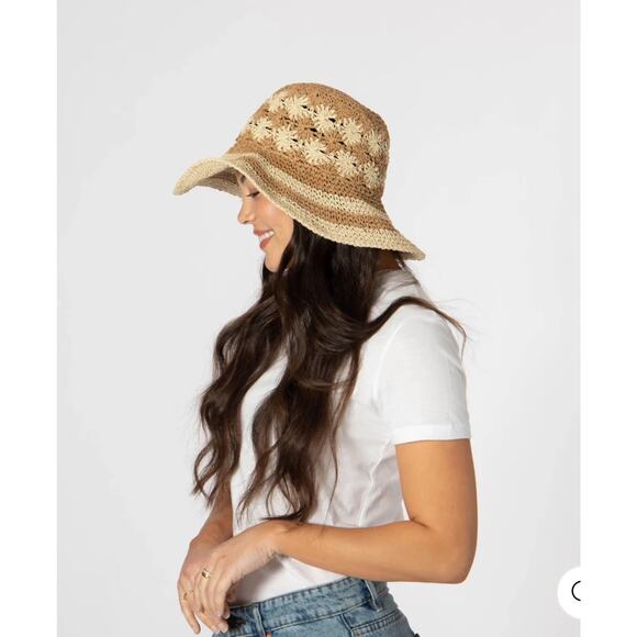 San Diego Hat Company Anthropologie Floral Striped Crocheted Bucket Hat Natural - Picture 2 of 8